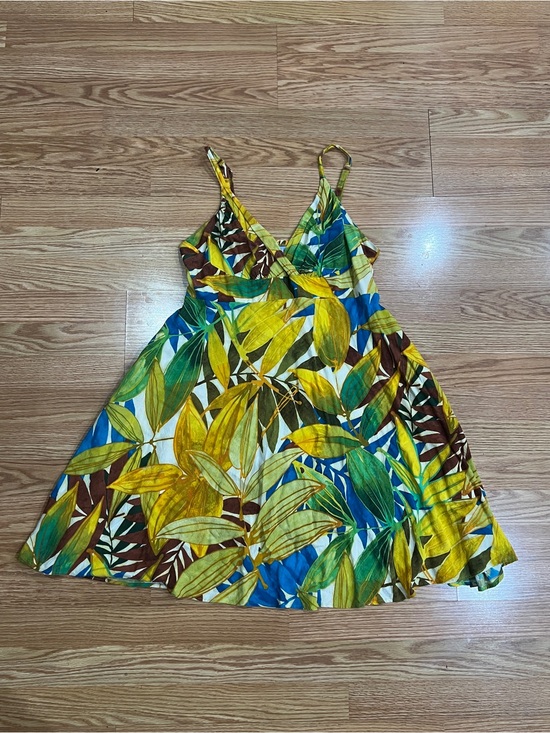 Jams World Dresses & Skirts - Vintage Jams World Multicolor Tropical Leaf Print Dress- Yellow Green Blue Brown